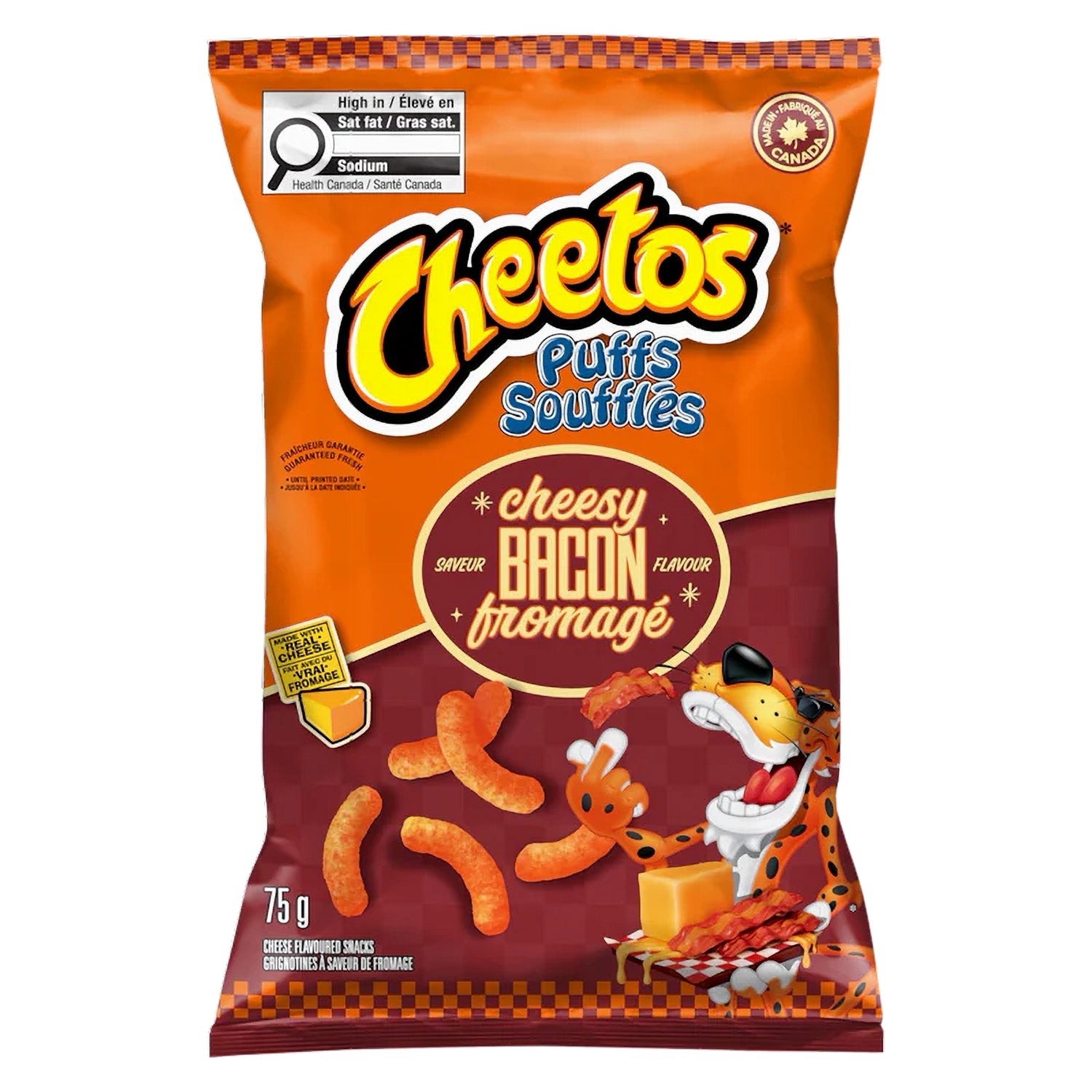 Cheetos Cheesy Bacon Flavored Corn Puffs 75g packaging on a white background