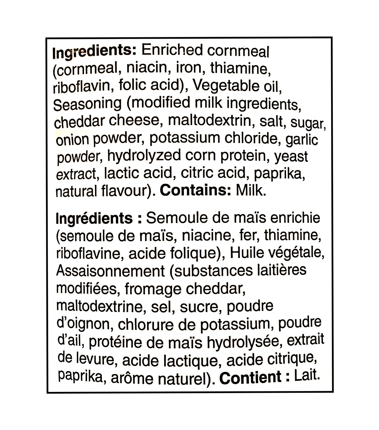 Ingredients list for Cheetos Cheesy Bacon Flavored Corn Puffs 75g on a white background