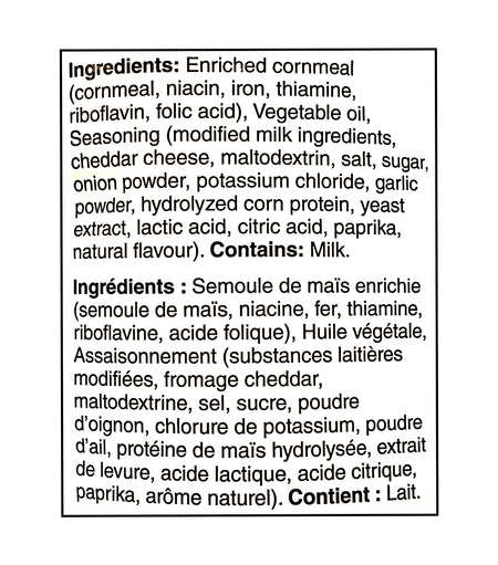 Ingredients list for Cheetos Cheesy Bacon Flavored Corn Puffs 75g on a white background