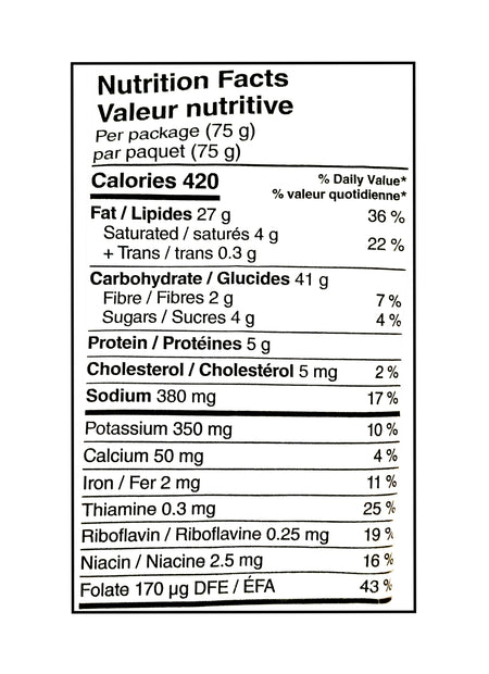 Nutrition facts label for Cheetos Cheesy Bacon Flavored Corn Puffs 75g on a white background
