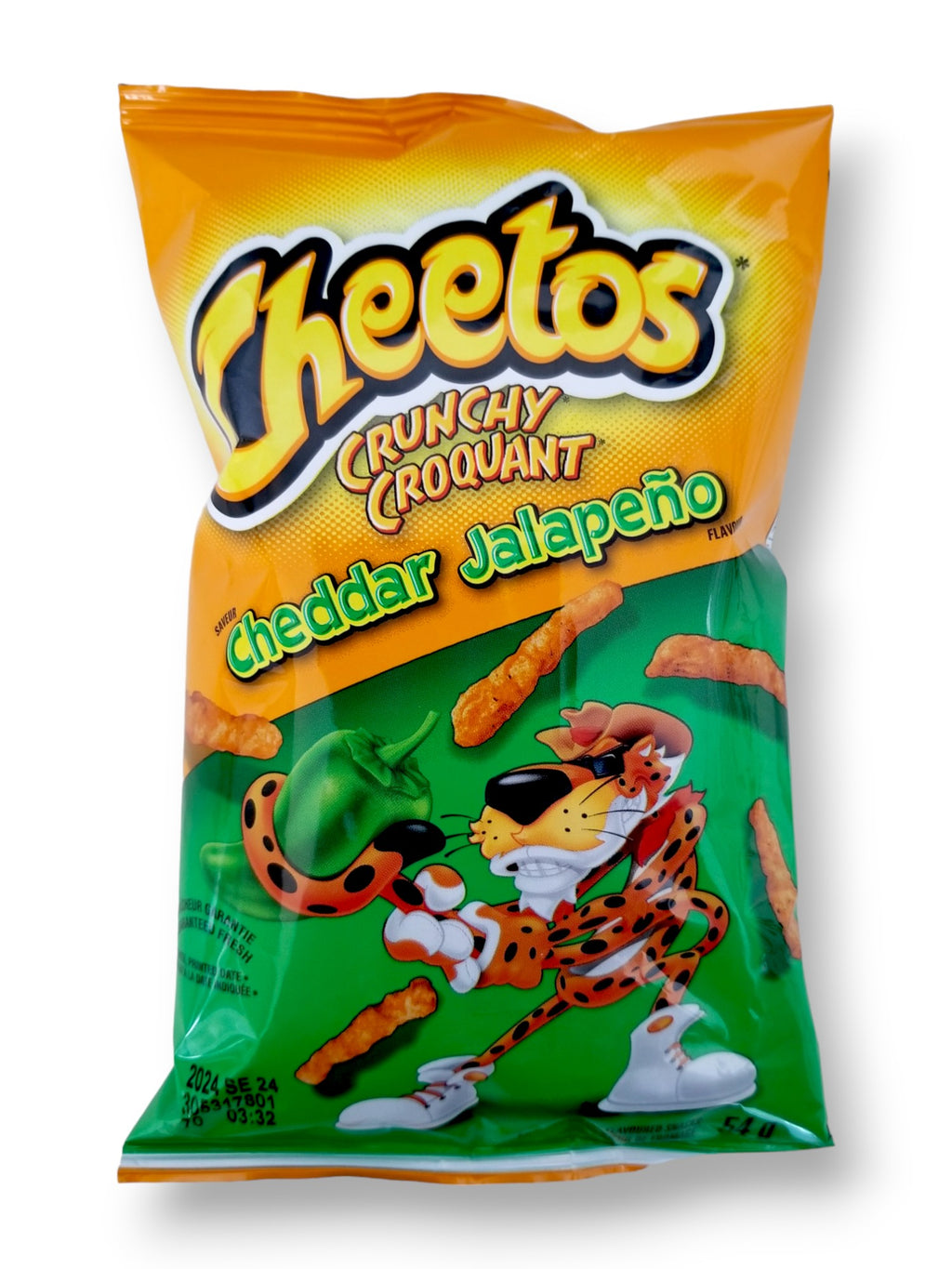 Cheetos Crunchy Cheddar Jalapeno Flavored Puffs, 54g, front of bag.