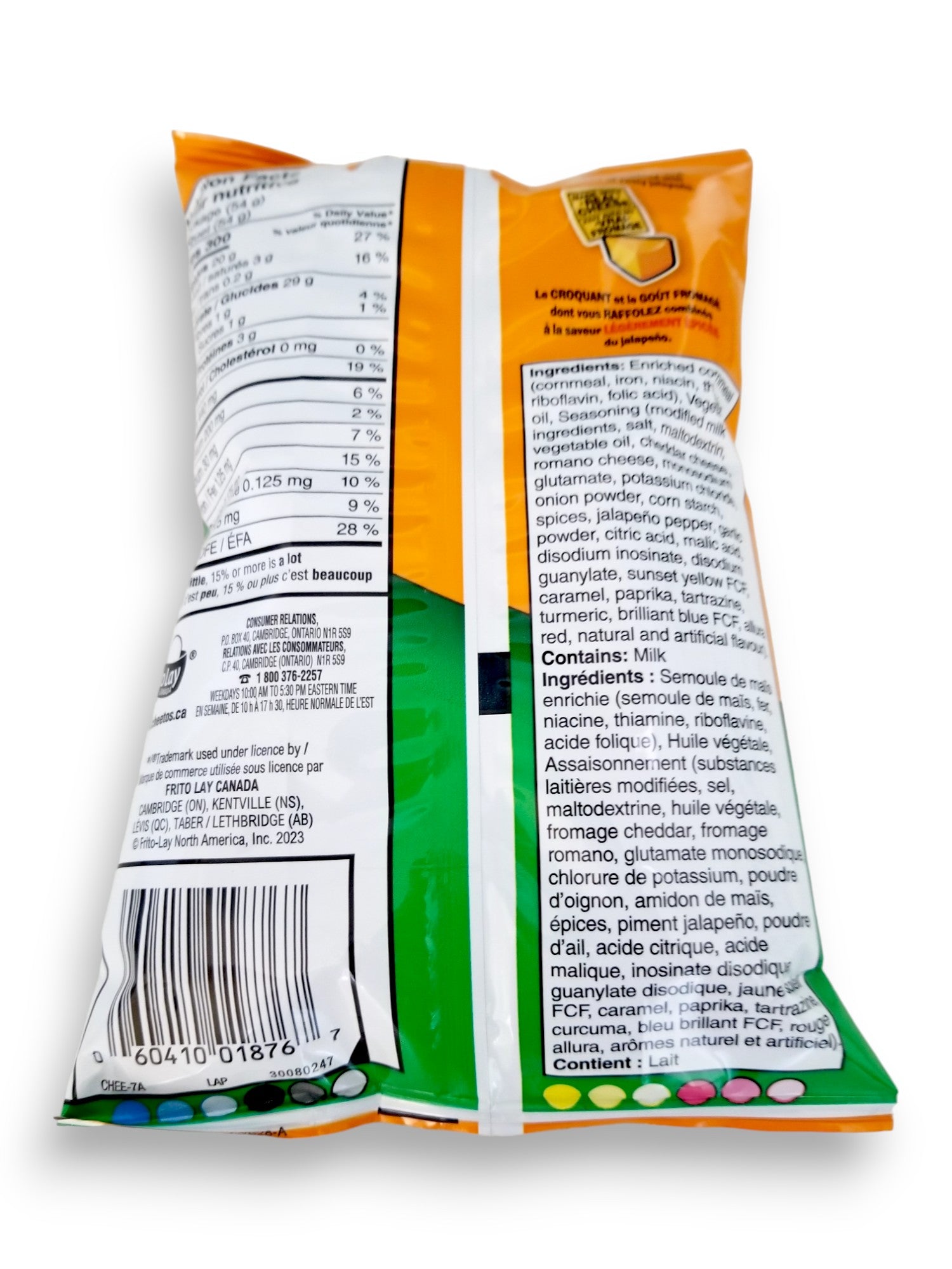 Cheetos Crunchy Cheddar Jalapeno Flavored Puffs, 54g, back of bag with UPC.