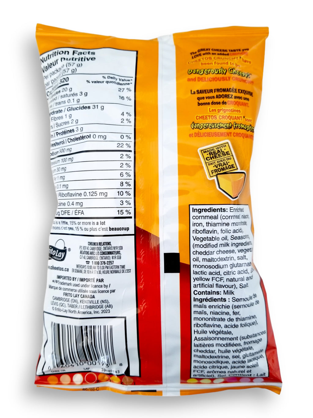 Cheetos Crunchy Cheddar Cheese Flavored Puffs, 57g, back of bag.