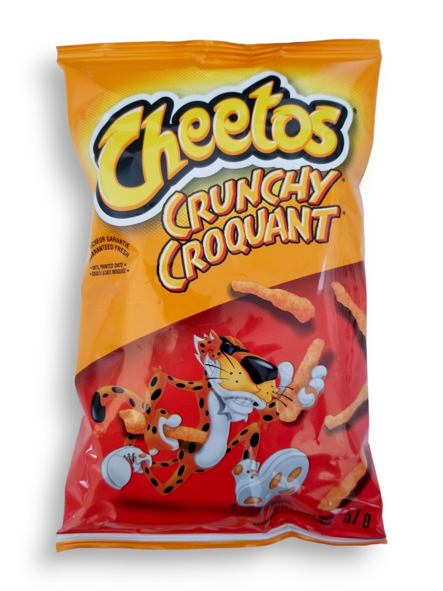 Cheetos Crunchy Cheddar Cheese Flavored Puffs, 57g, front of bag.