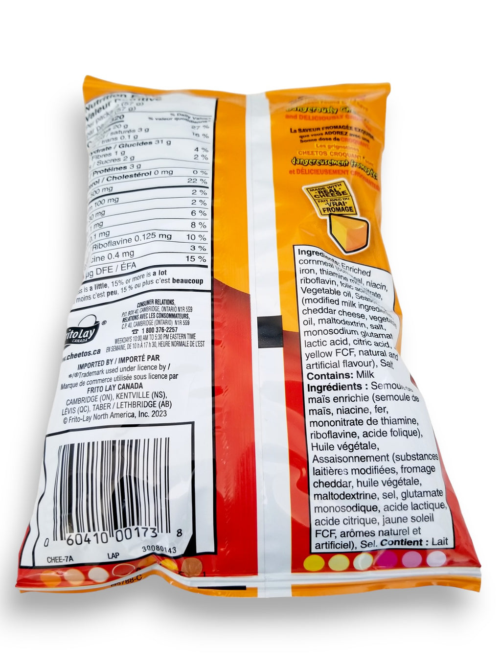 Cheetos Crunchy Cheddar Cheese Flavored Puffs, 57g, back of bag with UPC.