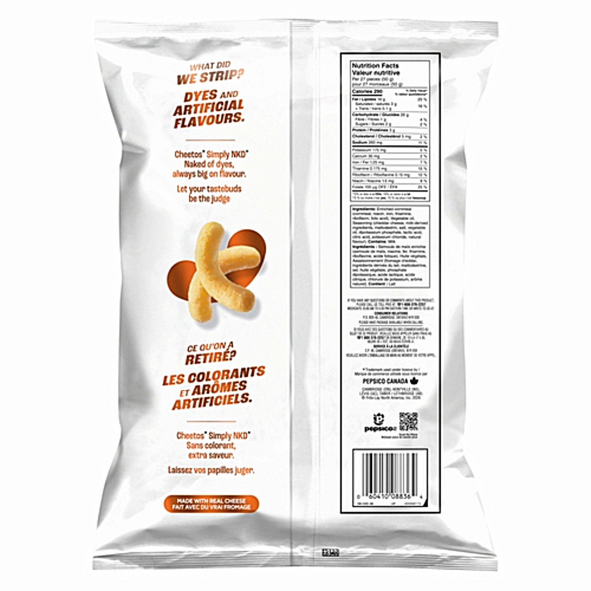 Back of Cheetos Simply NKD 250 g bag showing nutrition information, ingredients, barcode, and bilingual product messaging.