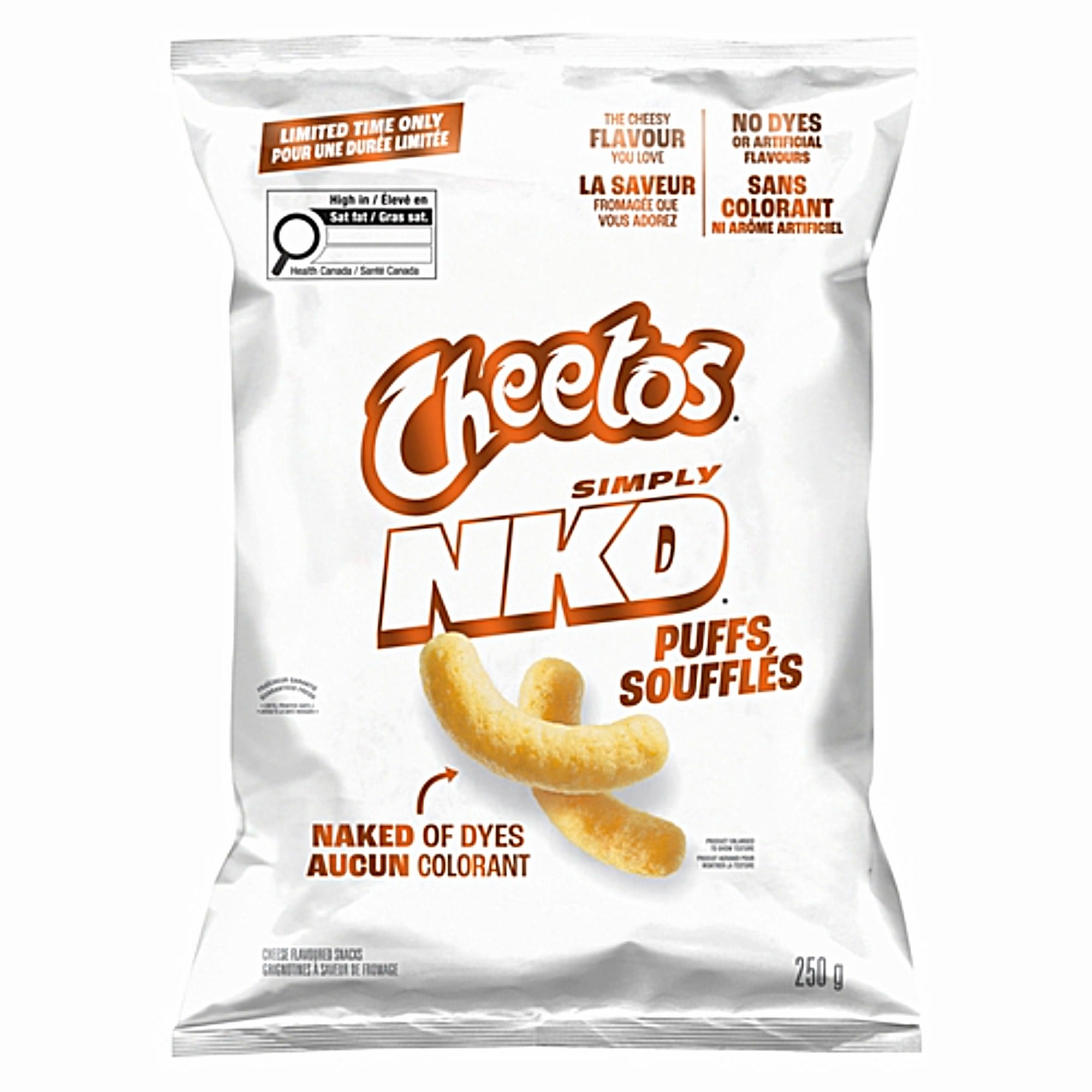 Cheetos Simply NKD cheese corn puffs, 250 g bag, with no dyes or artificial flavors.