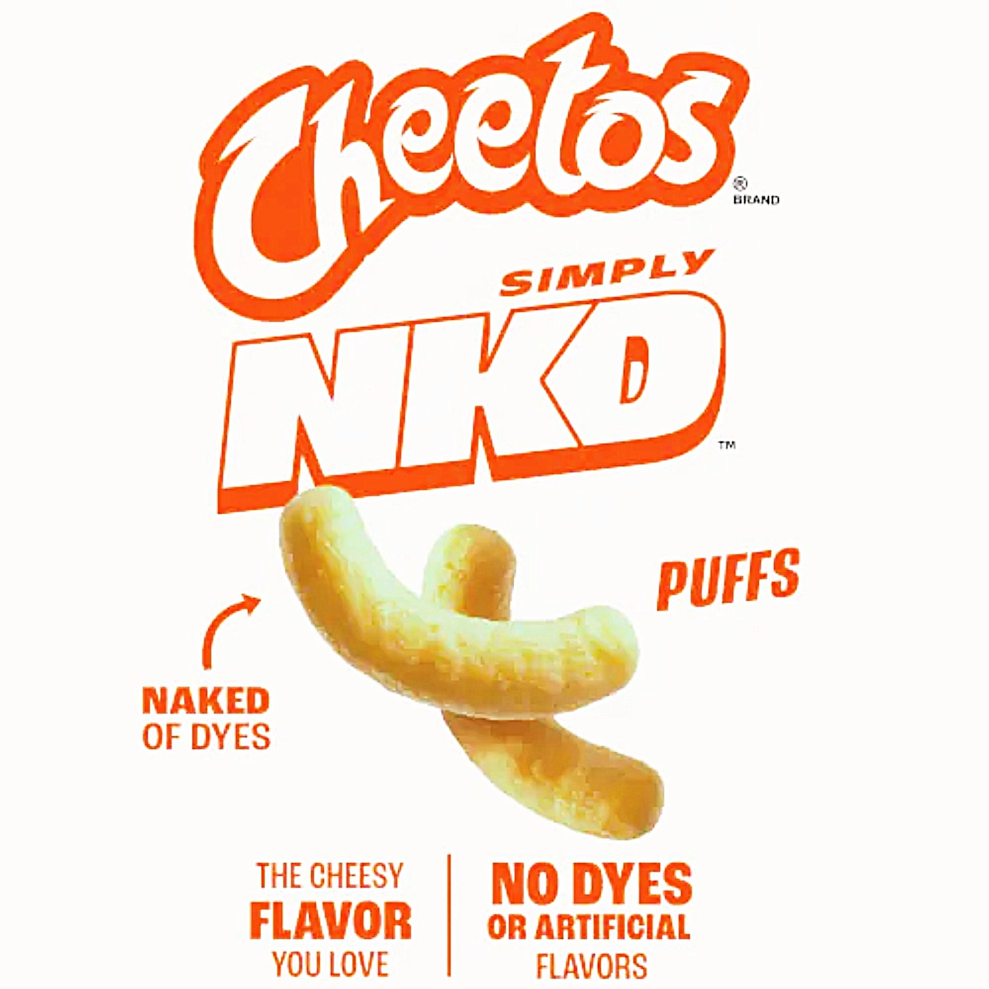 Cheetos Simply NKD logo and cheese puffs with the message ‘No dyes or artificial flavors.