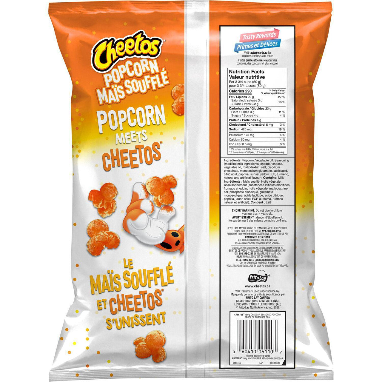 Cheetos Popcorn Cheddar Flavor, 180g/6.3 oz Bag Back Side