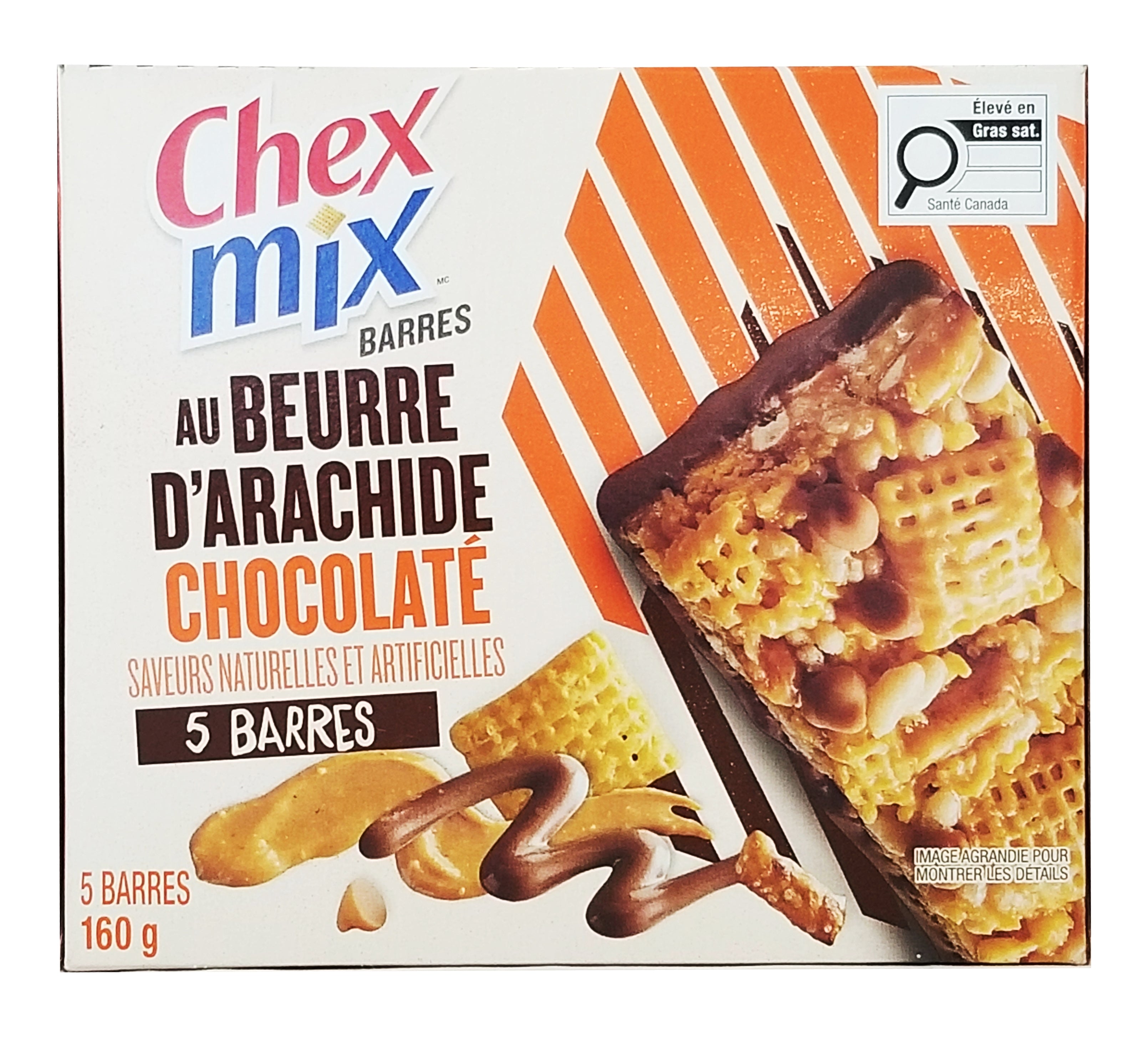 Box of Chex Mix Chocolatey Peanut Butter Bars, 160g/5.6 oz with chocolate and peanut butter flavor on a white background