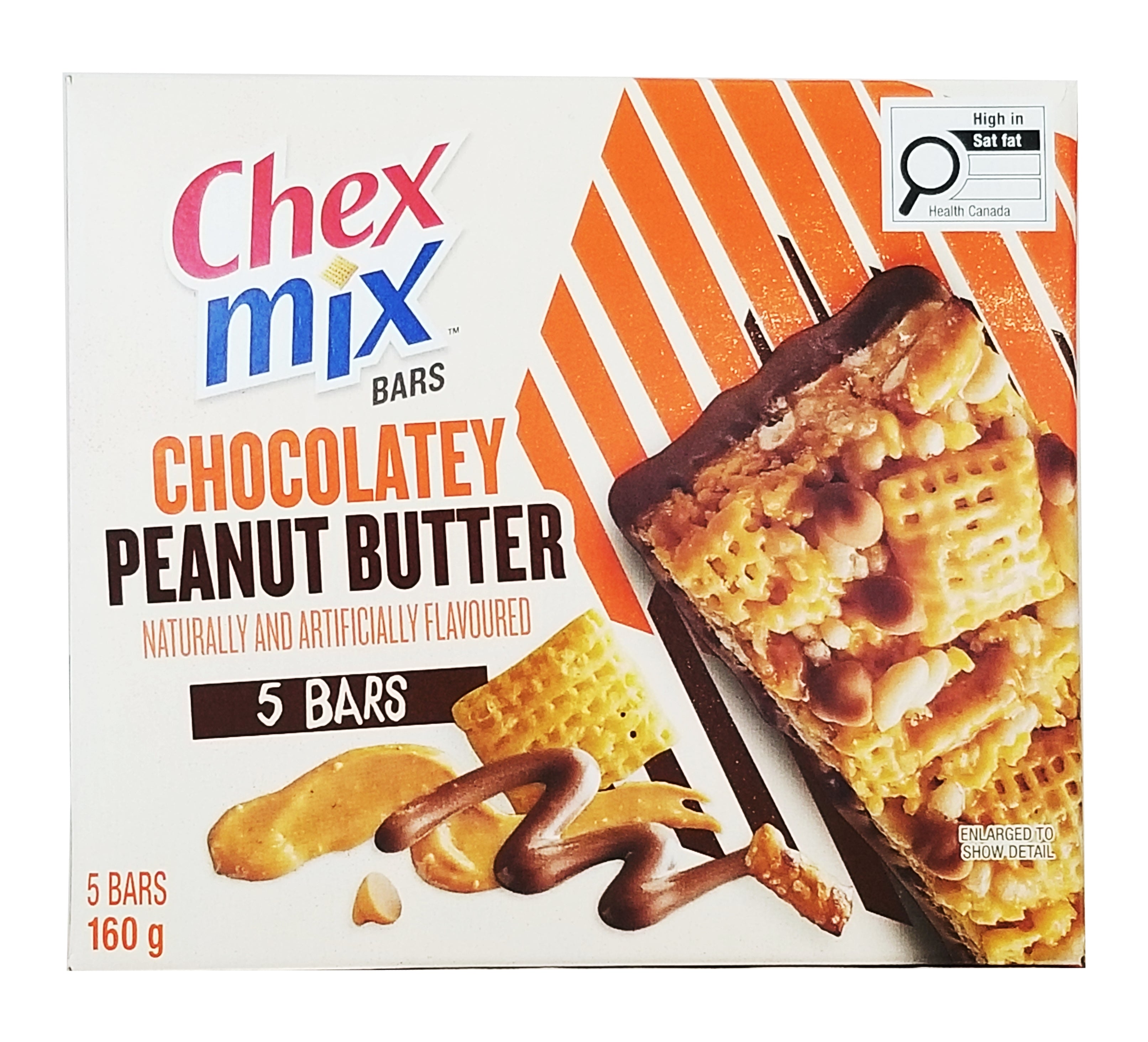 Box of Chex Mix Chocolatey Peanut Butter Bars, 160g/5.6 oz with a colorful design.