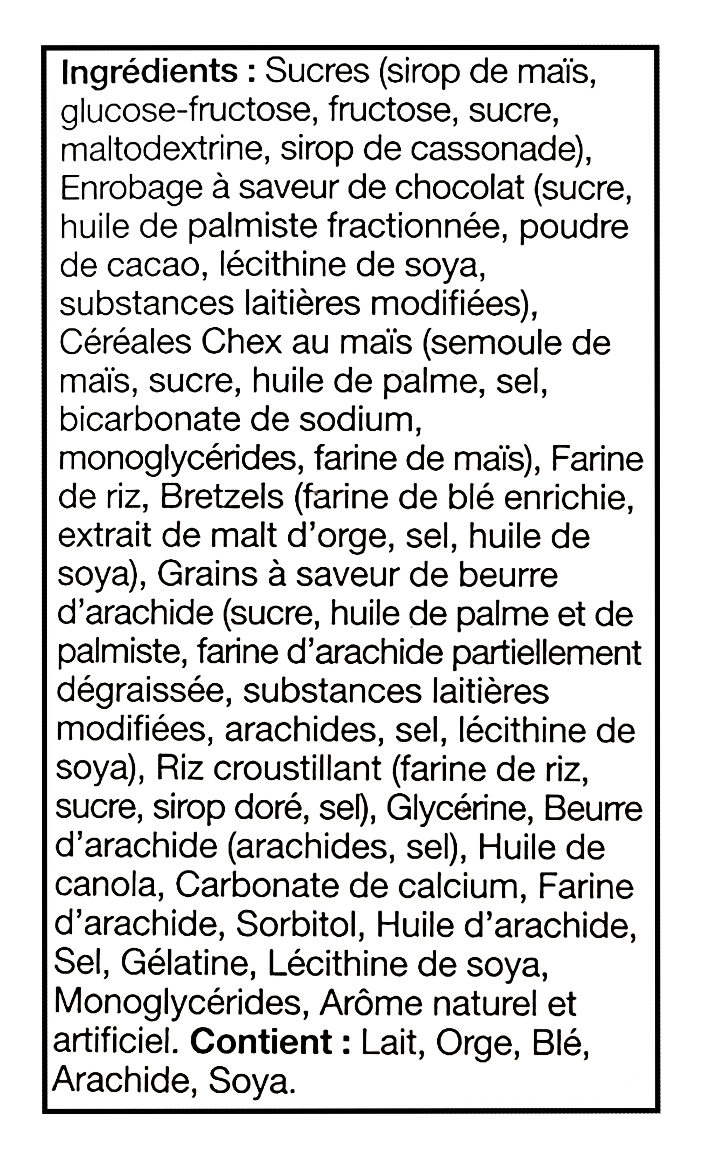 Chex Mix Chocolatey Peanut Butter Bars, 160g/5.6 oz - Ingredients list in French 