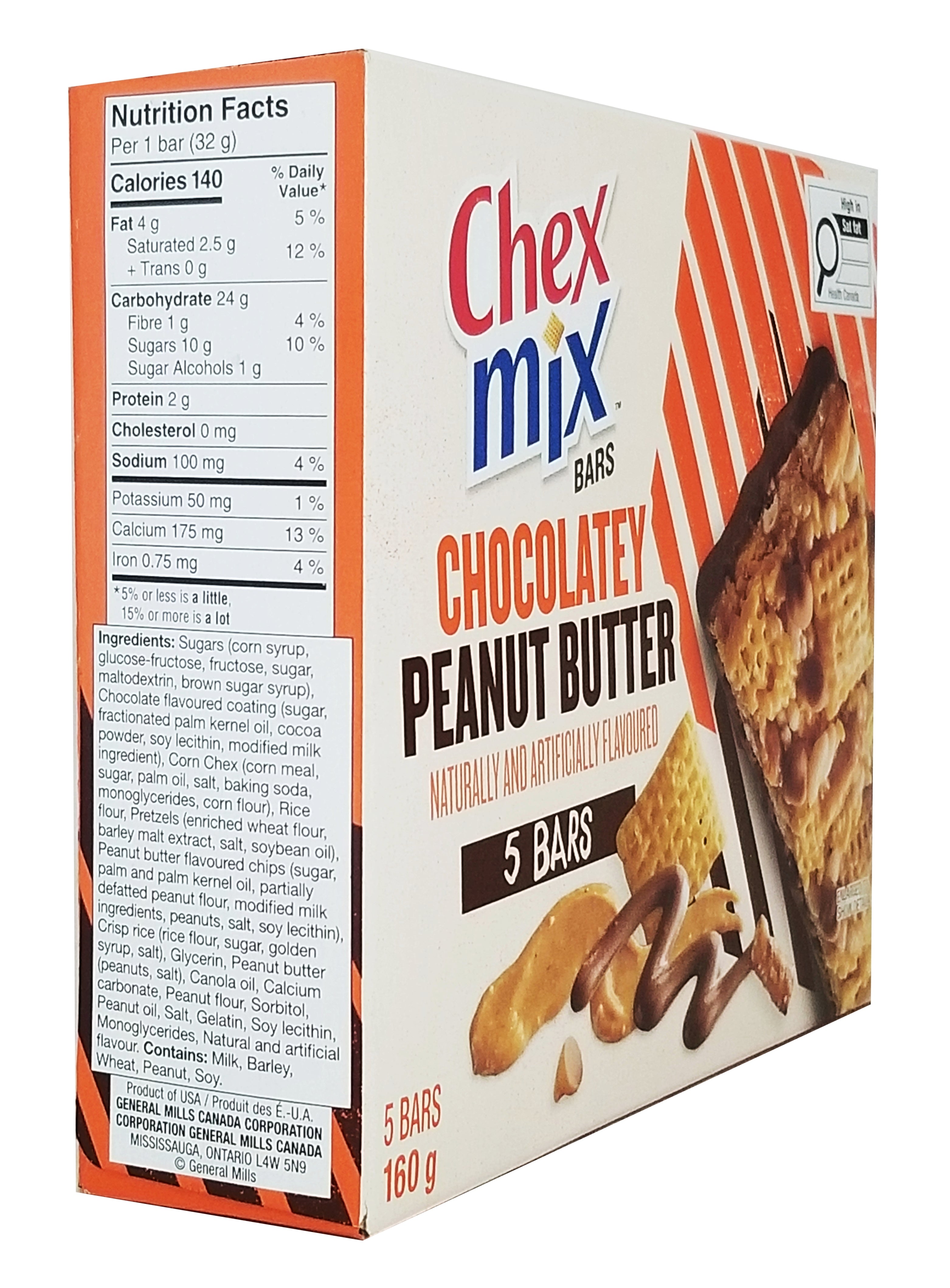 Box of Chex Mix Chocolatey Peanut Butter Bars, 160g/5.6 oz with nutritional information on a white background