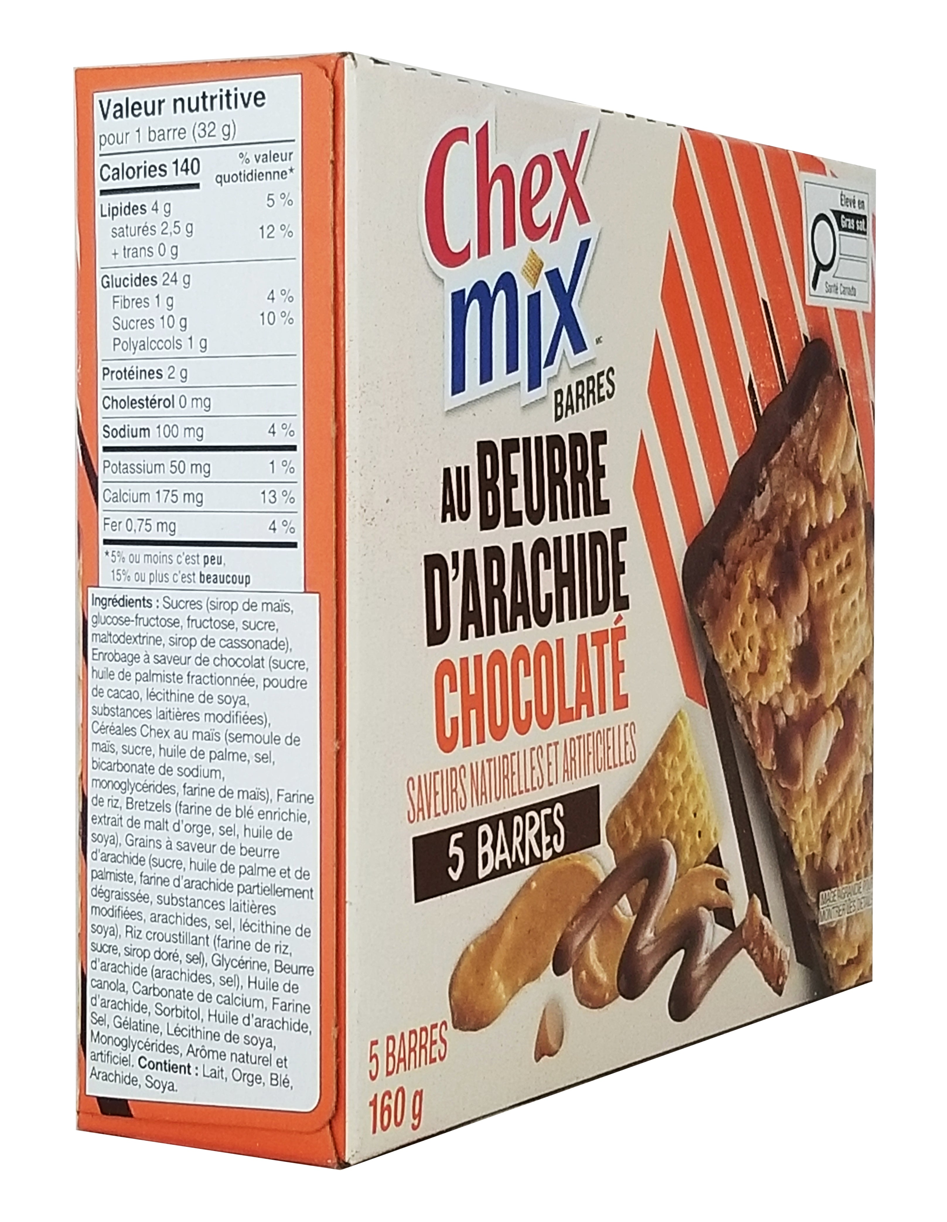 Box of Chex Mix Chocolatey Peanut Butter Bars, 160g/5.6 oz with nutritional information and ingredients list.