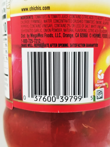 Chi-Chi's Hot Thick & Chunky Salsa, 454g, upc label.