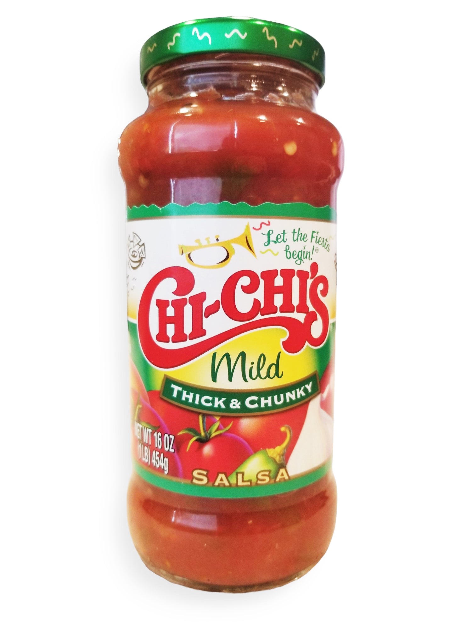 Chi-Chi's Mild Thick & Chunky Salsa, 454g, front of glass.