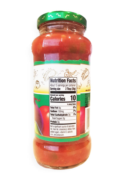 Chi-Chi's Mild Thich & Chunky Salsa, 454g, side of glass.