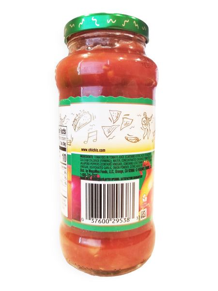 Chi-Chi's Mild Thick & Chunky Salsa, 454g, side of glass.