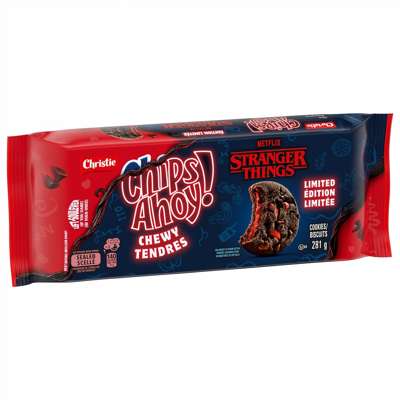 Packaged Chips Ahoy! Stranger Things Chewy Chocolate Chip Cookies With Strawberry Filling, 281g/9.9 oz on a white background