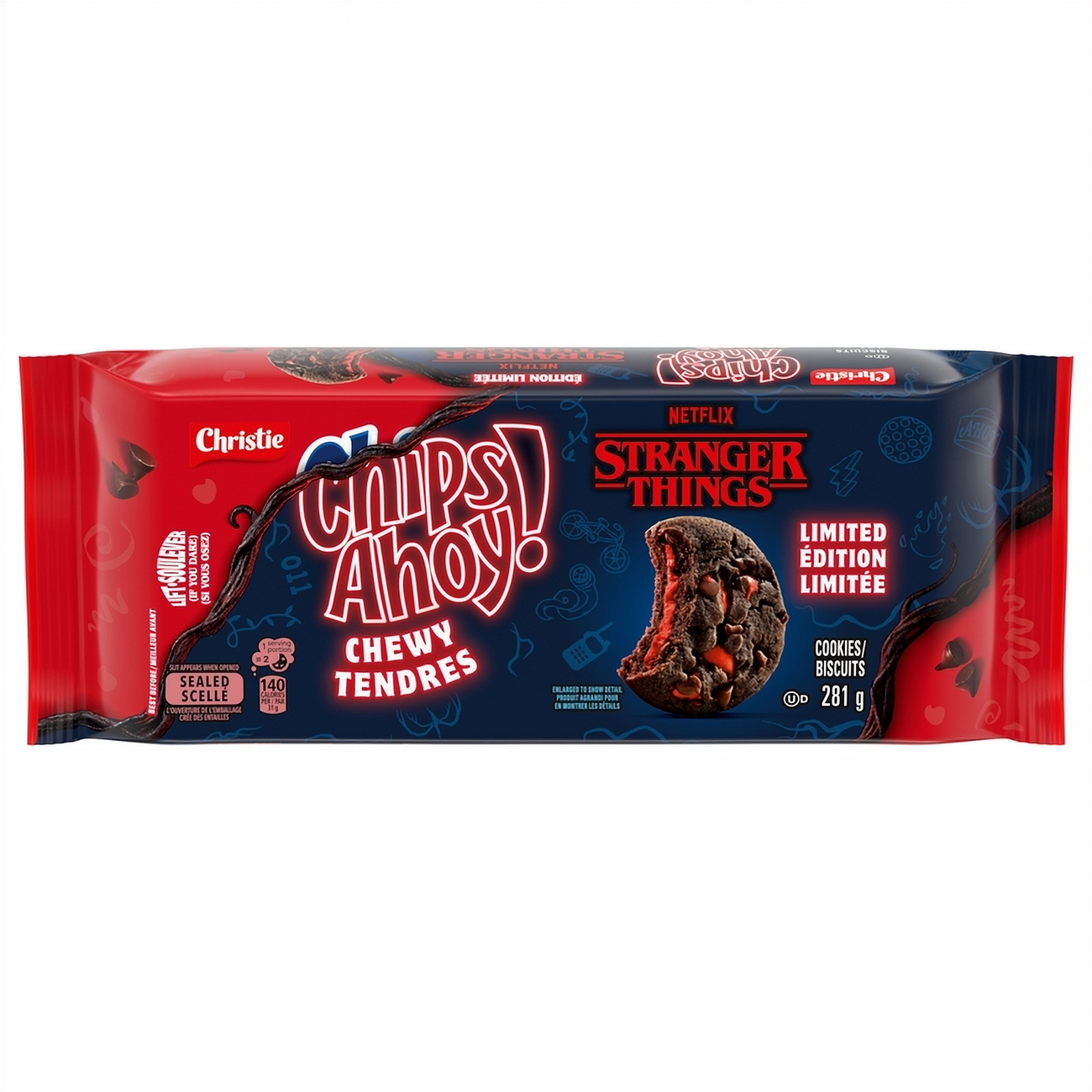 Packaged Chips Ahoy! Stranger Things Chewy Chocolate Chip Cookies With Strawberry Filling, 281g/9.9 oz on a white background