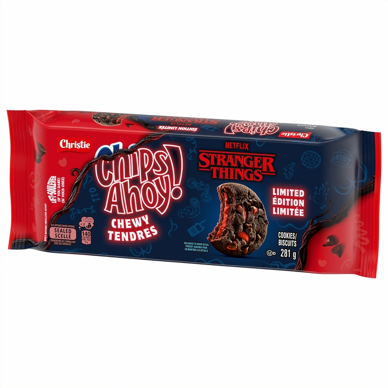 Packaged Chips Ahoy! Stranger Things Chewy Chocolate Chip Cookies With Strawberry Filling, 281g/9.9 oz on a white background