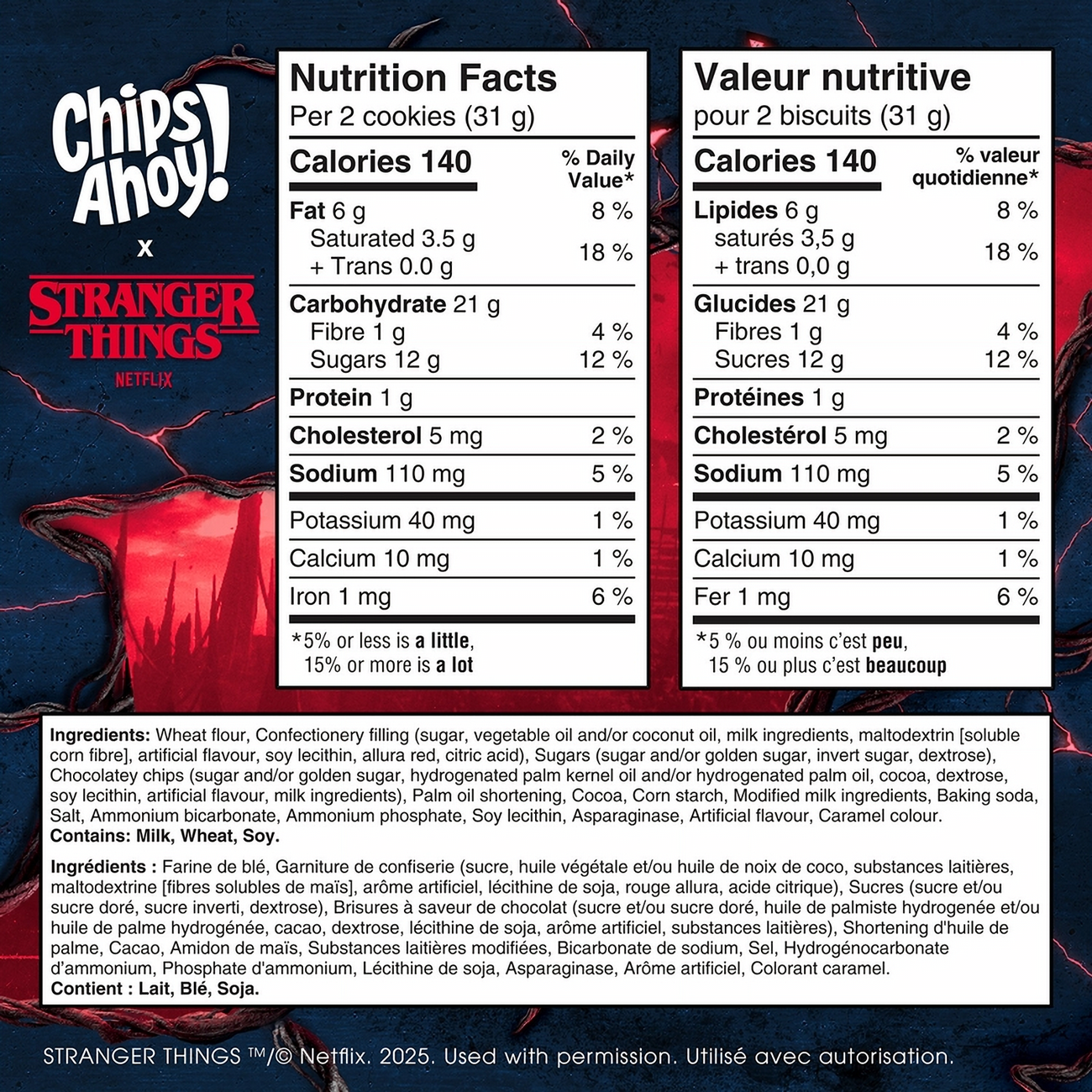 Nutrition facts label for Chips Ahoy! Stranger Things Chewy Chocolate Chip Cookies With Strawberry Filling, 281g/9.9 oz