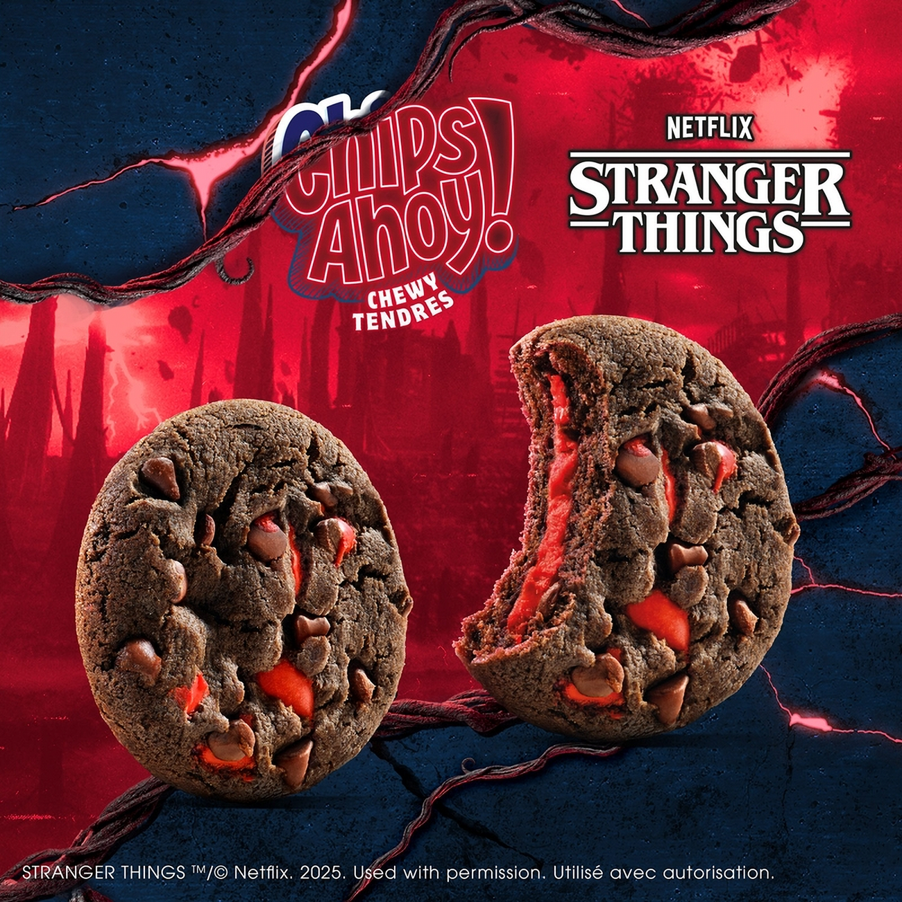 Cookies with a design resembling the Demogorgon from 'Stranger Things' on a red and blue background with 'Chips Ahoy!' branding.