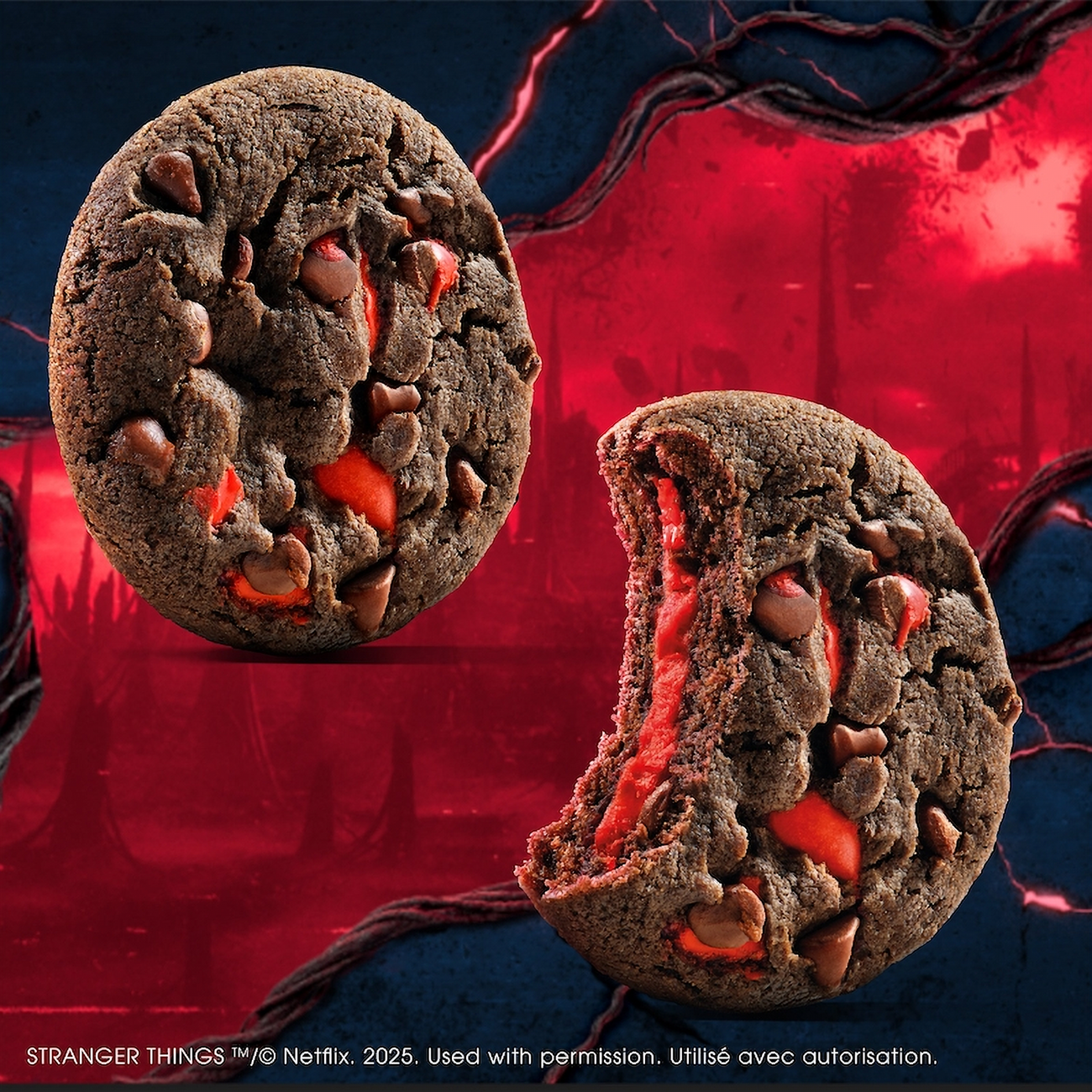 Chips Ahoy! Stranger Things Chewy Chocolate Chip Cookies With Strawberry Filling on a dark background with a red light effect