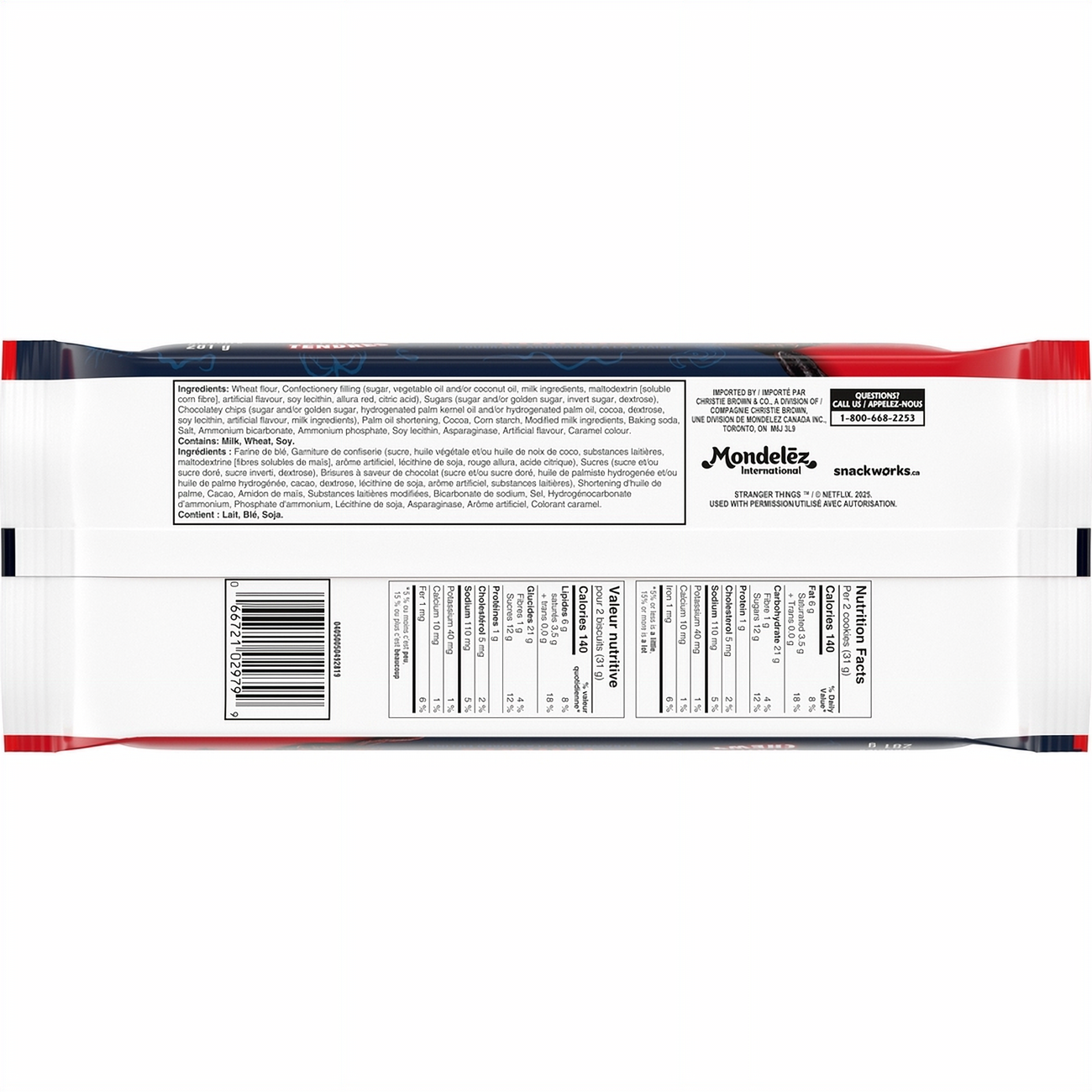 Close-up of Chips Ahoy! Stranger Things Chewy Chocolate Chip Cookies With Strawberry Filling, 281g/9.9 oz with branding and text on a white background