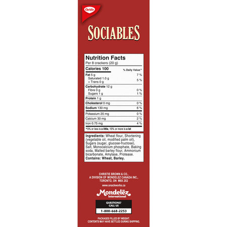 Christie Ritz Sociables Crackers, 200g/7.1oz, Box Nutrition Facts