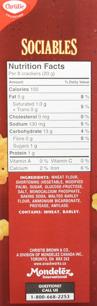 Christie SOCIABLES Crackers, 200g/7.1oz. Box Nutrition Facts Label