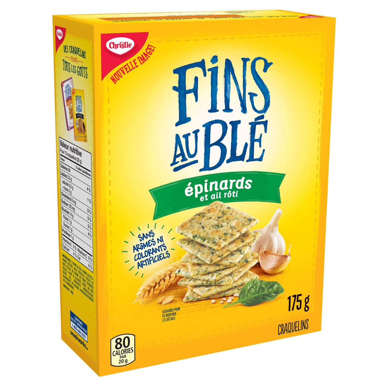 Christie Wheat Thins Spinach & Roasted Garlic Crackers, 175g/6.2 oz., Box In French Left Angle