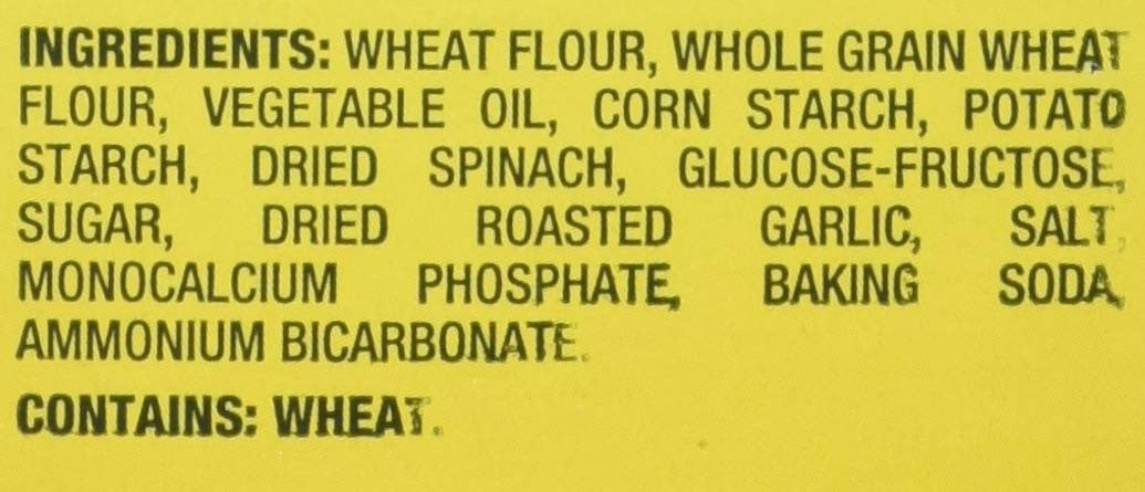 Christie Wheat Thins Spinach & Roasted Garlic Crackers, 175g/6.2 oz., Box Ingredients