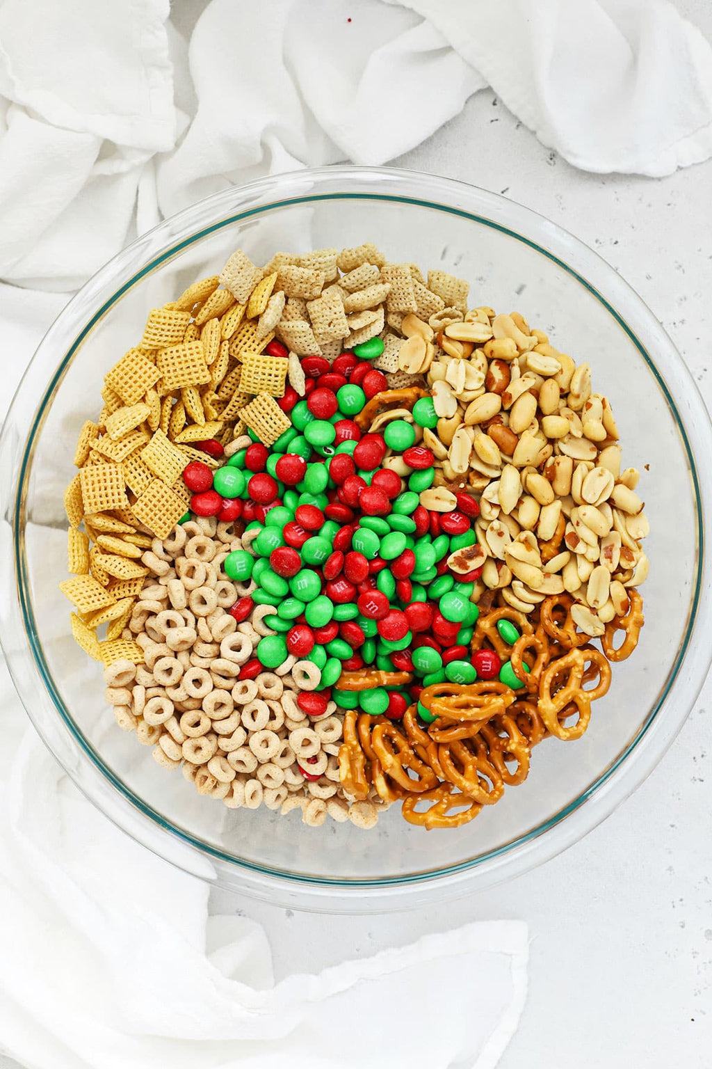 M&M's Holiday Blend Milk Chocolate Candies mixed with cereal and peanuts