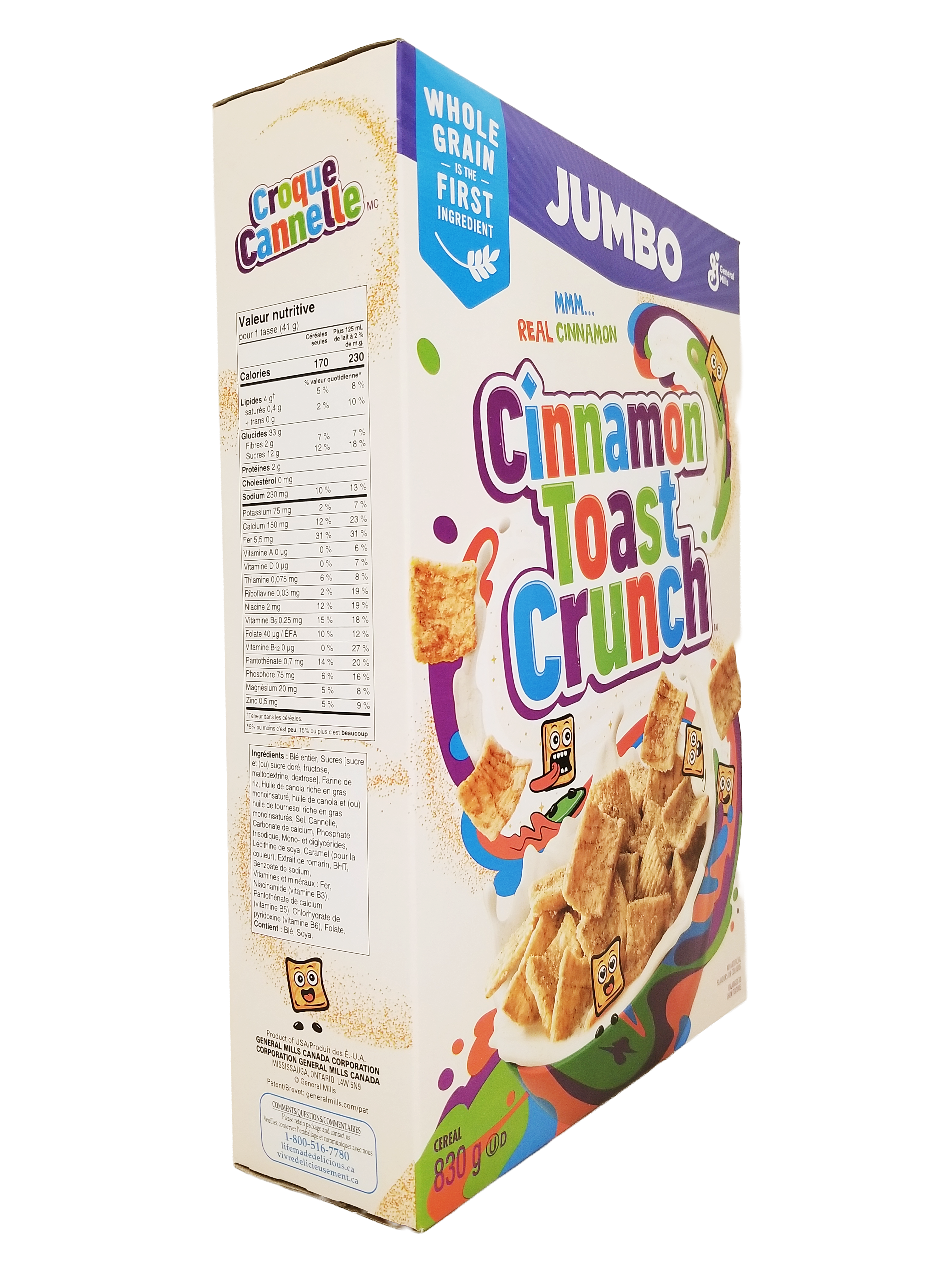 Cinnamon Toast Crunch cereal box on a white background
