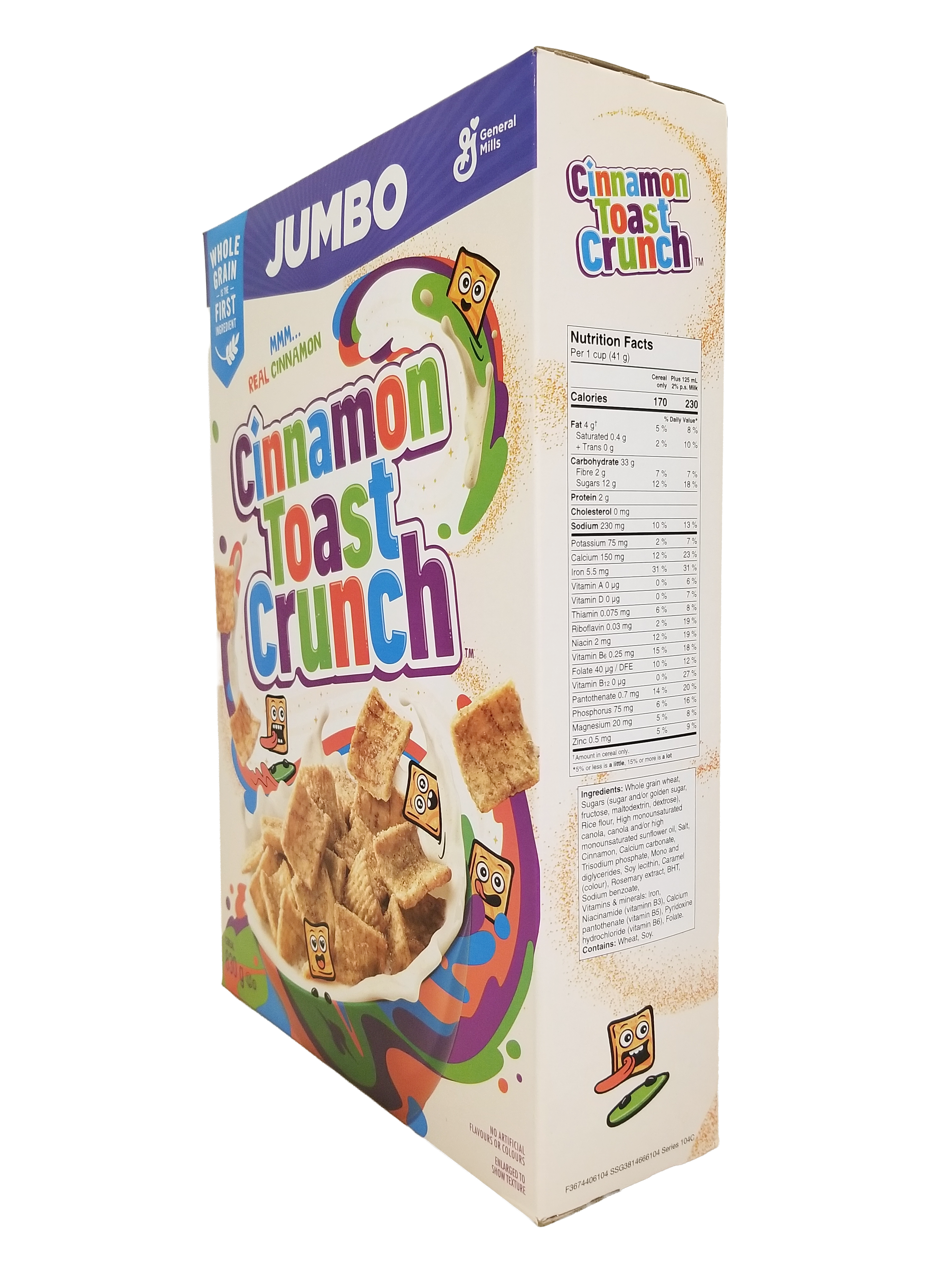 Cinnamon Toast Crunch cereal box with colorful design on a white background
