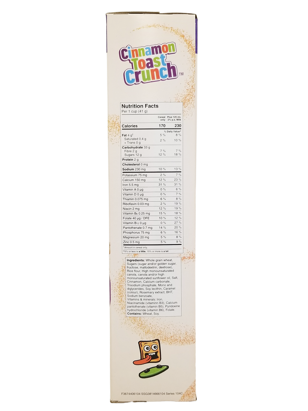 Cinnamon Toast Crunch cereal box with nutrition facts on a white background