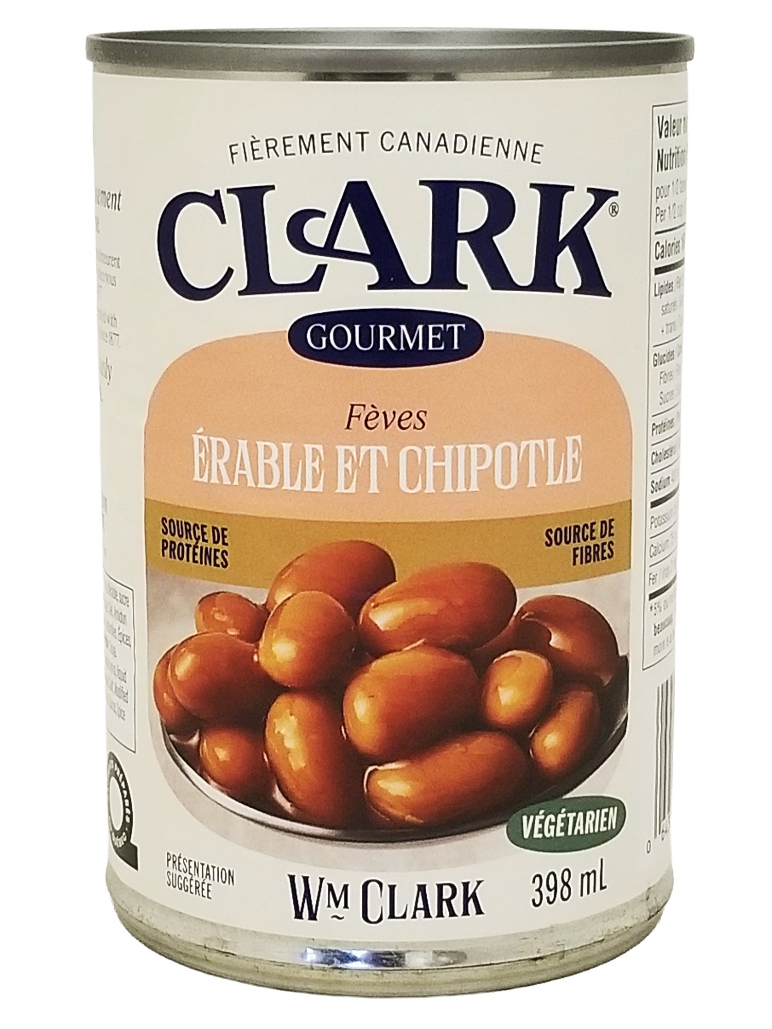 Can of Clark gourmet maple and chipotle beans - 398ml on a white background