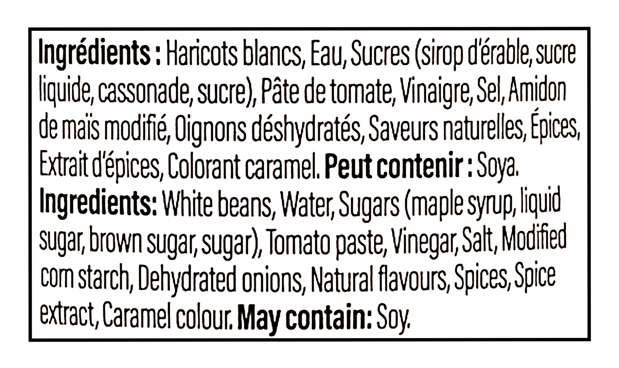 Ingredients list in French and English for Clark Gourmet Maple Chipotle Baked Beans, Ready-To-Serve - 398ml on a black background