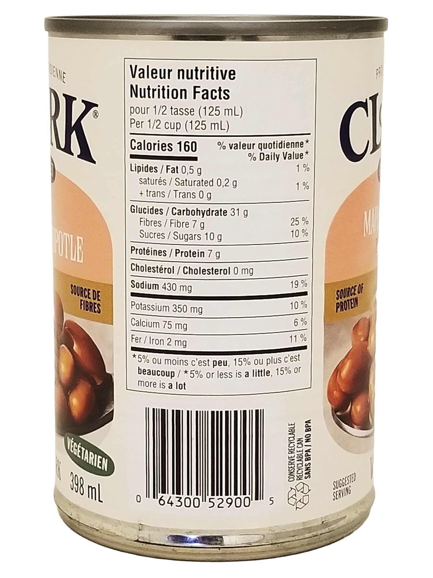 Can of Clark Gourmet Maple Chipotle Baked Beans, Ready-To-Serve - 398ml with nutrition facts label on a white background