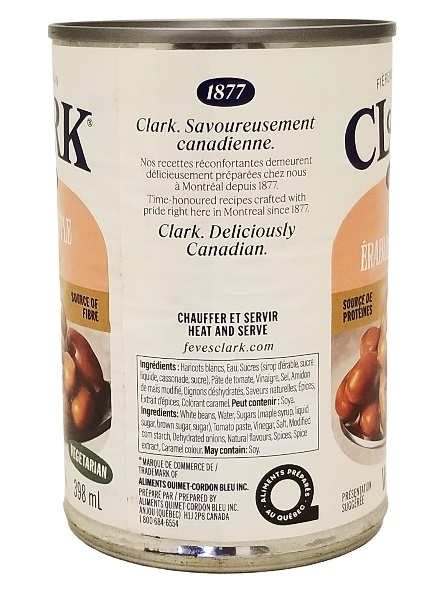 Can of Clark Gourmet Maple Chipotle Baked Beans, Ready-To-Serve - 398ml with text and branding on a white background