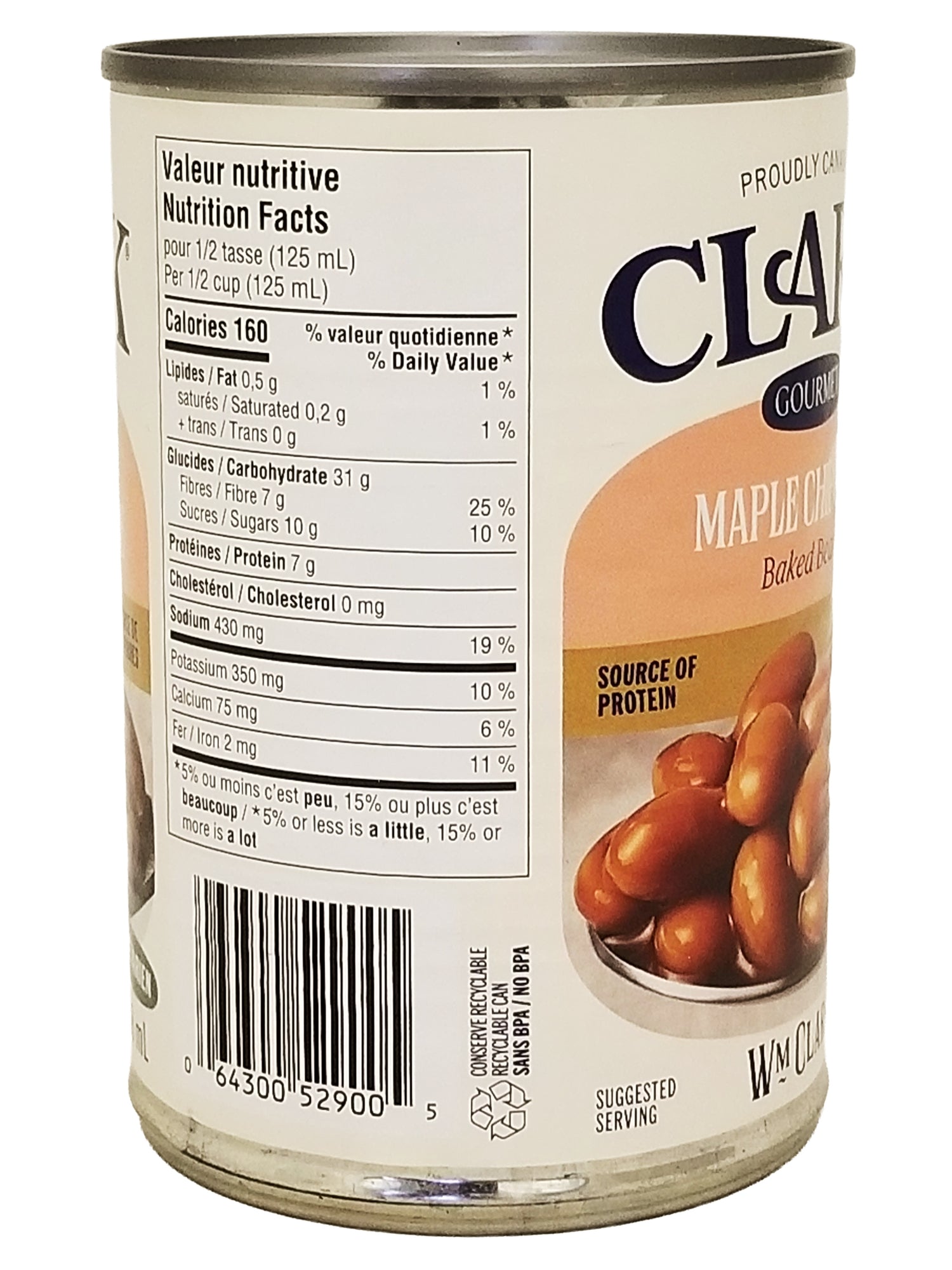 Can of Clark Gourmet Maple Chipotle Baked Beans, Ready-To-Serve - 398ml with nutritional facts label on a white background