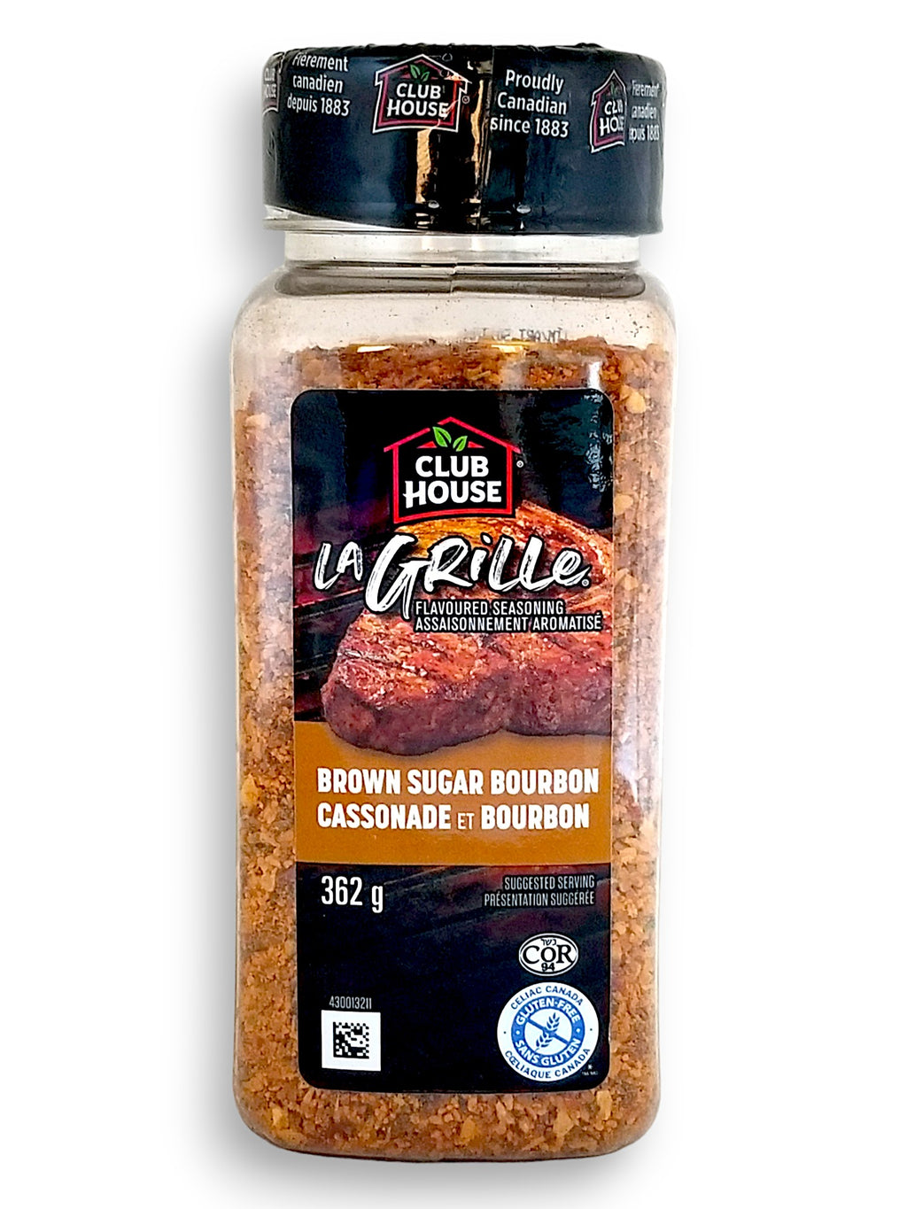 Club House Brown Sugar Bourbon Seasoning 362g, front of shaker.