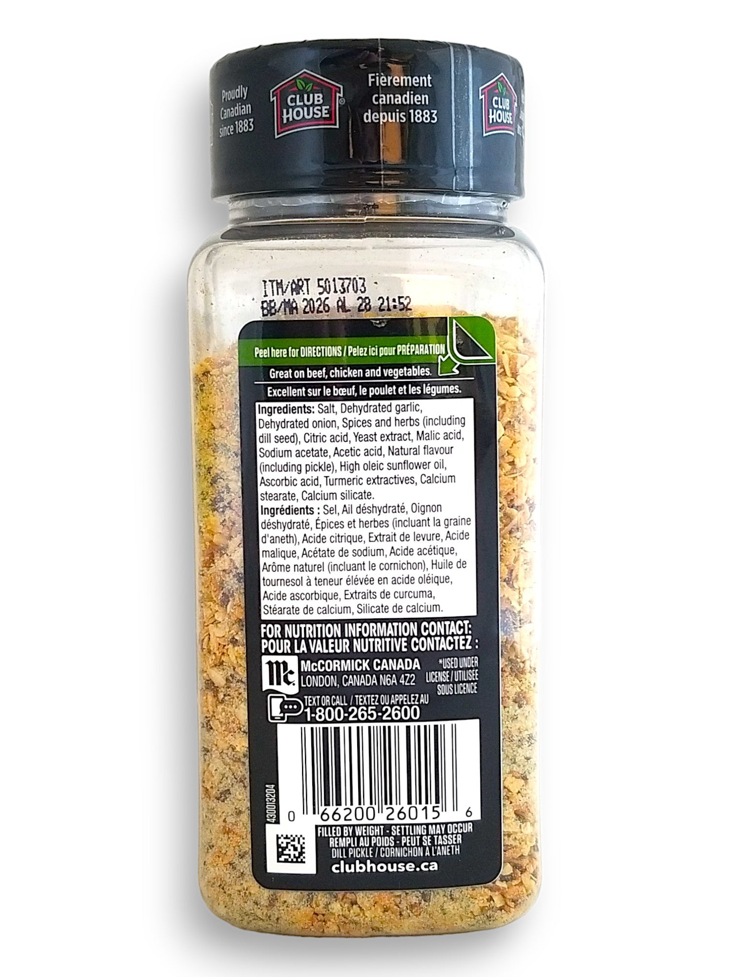 Club House Dill Pickle Seasoning 334g,back of shaker.