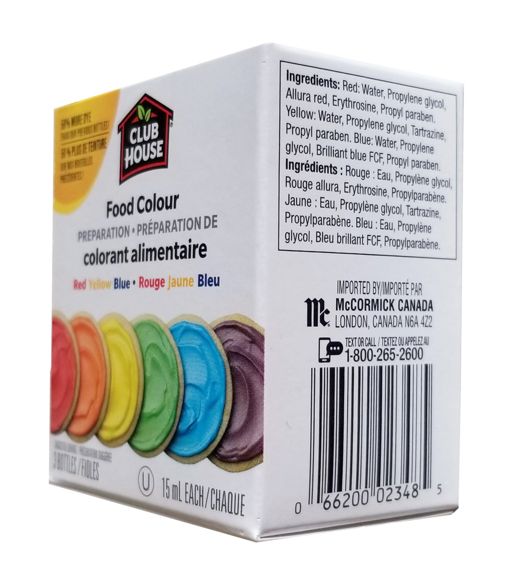 Club House, Food Colour Preparation, Original Red, Yellow, & Blue, 3 Vials, 15ml/0.5 oz. Each, {Imported from Canada}