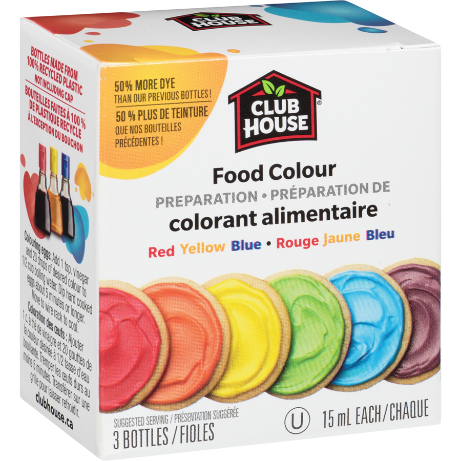 Club House, Food Colour Preparation, Original Red, Yellow, & Blue, 3 Vials, 15ml/0.5 oz. Each, {Imported from Canada}