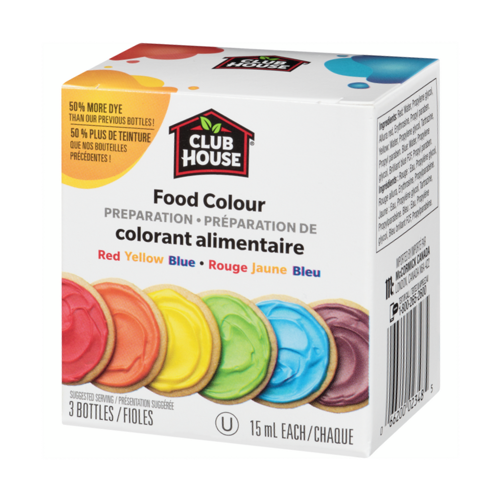 Club House, Food Colour Preparation, Original Red, Yellow, & Blue, 3 Vials, 15ml/0.5 oz. Each, {Imported from Canada}