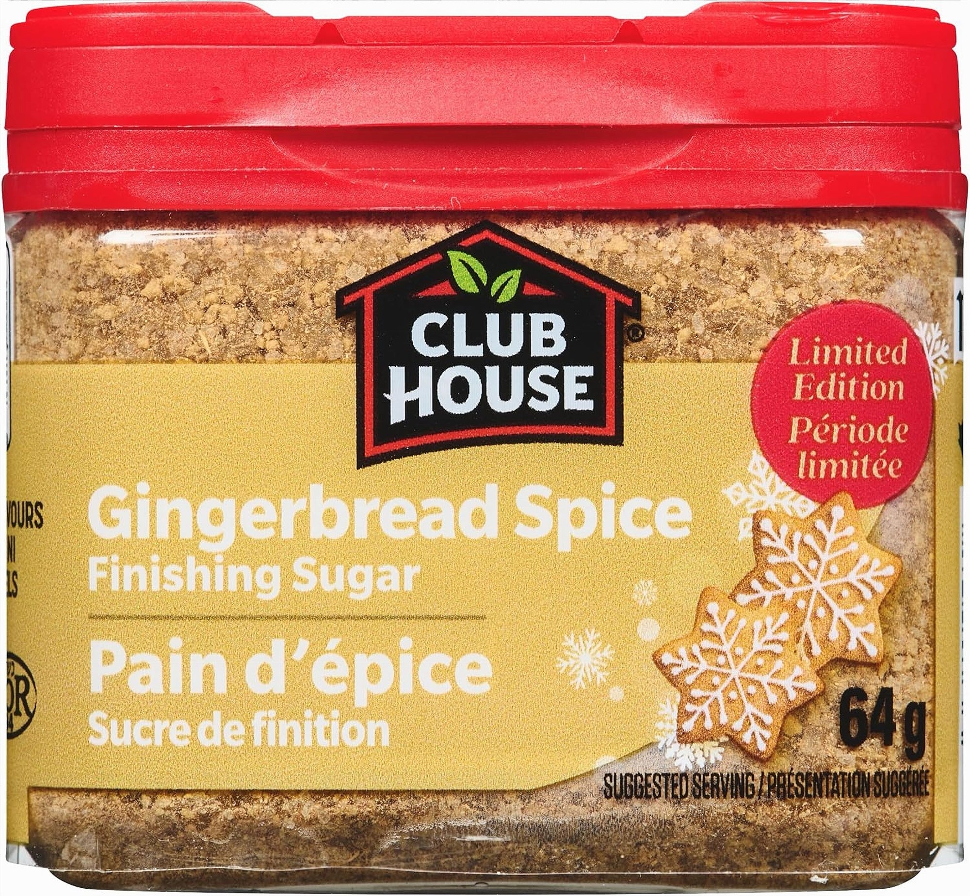 Jar of Club House Gingerbread Spice Finishing Sugar 64g with red lid and yellow label.