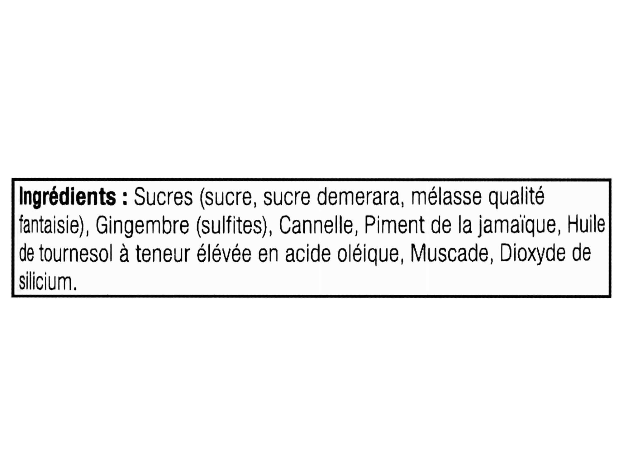 List of ingredients for Club House Gingerbread Spice Finishing Sugar 64g on a white background
