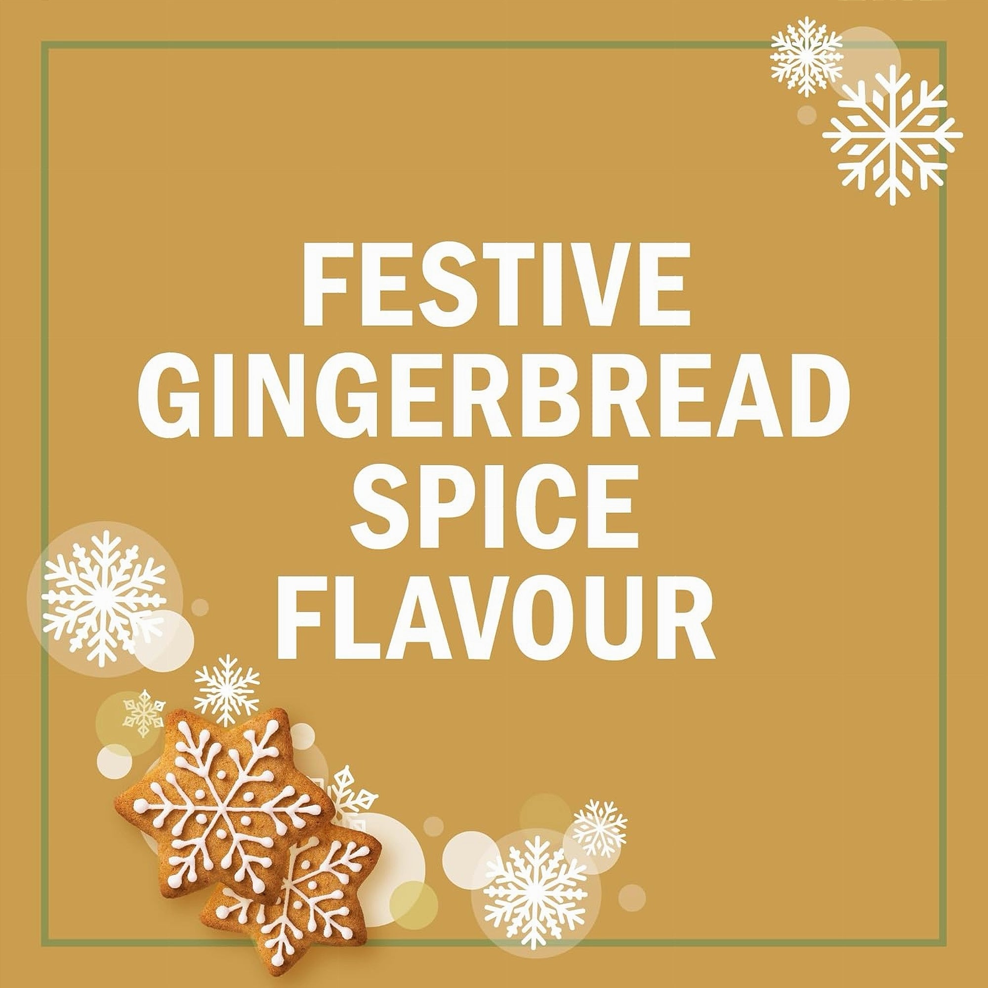 Text 'Festive Gingerbread Spice Flavour' on a gold background with snowflakes and a gingerbread cookie.